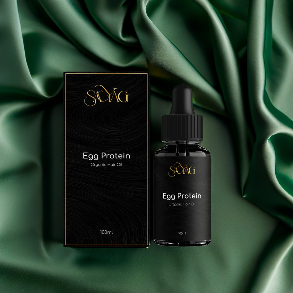 Female model holding Sacyagi Organic Hair Oil – natural hair care solution with egg protein.