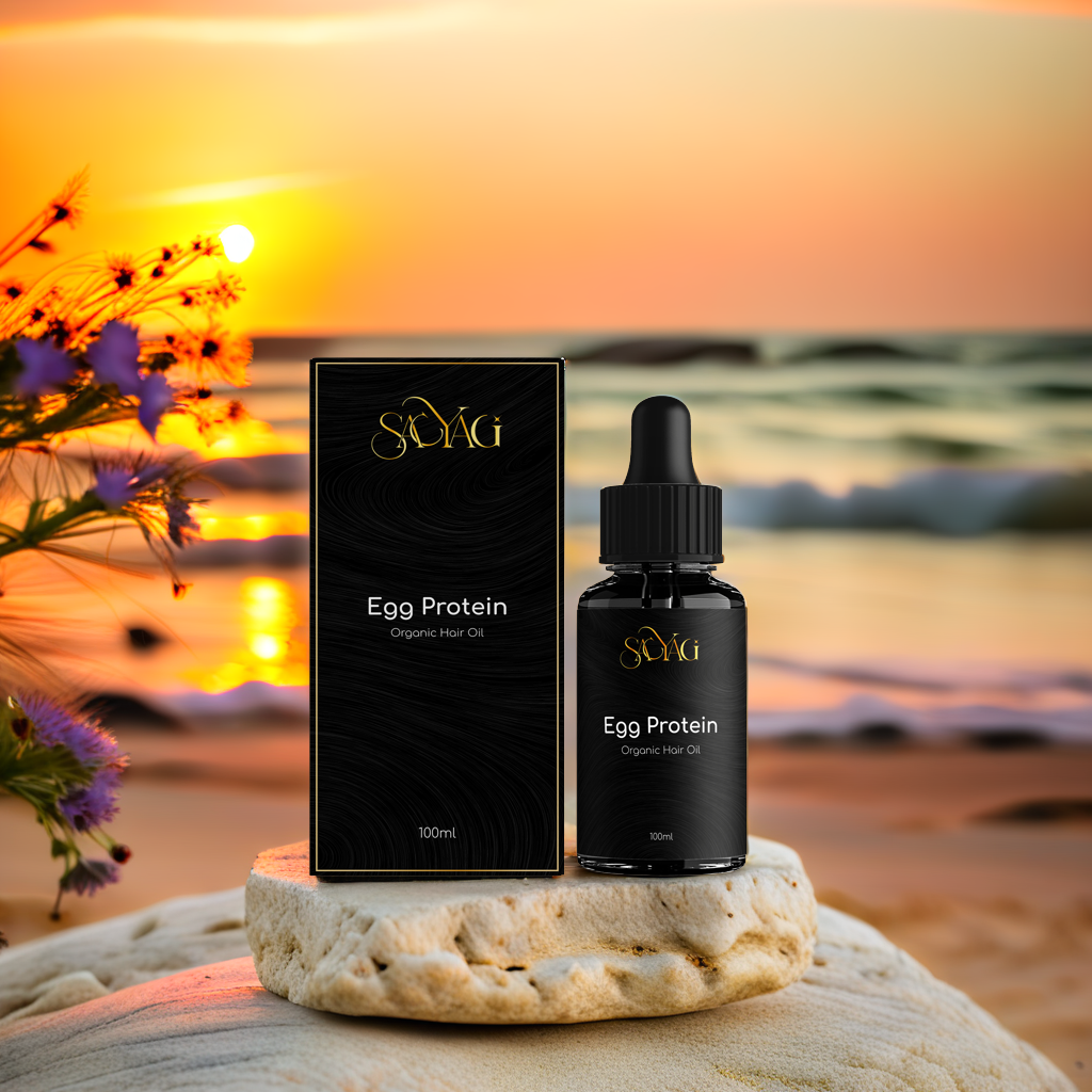 Sacyagi Egg Protein Organic Hair Oil bottle front view – cold-pressed natural oil for hair growth and repair in Pakistan.